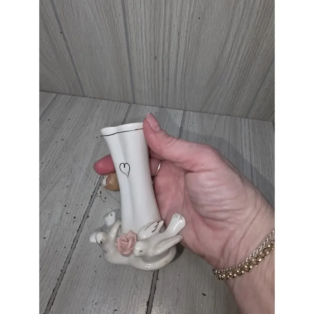Vintage Doves & Rose Small Heart Bud Vase Miniature Cottagecore Coquette